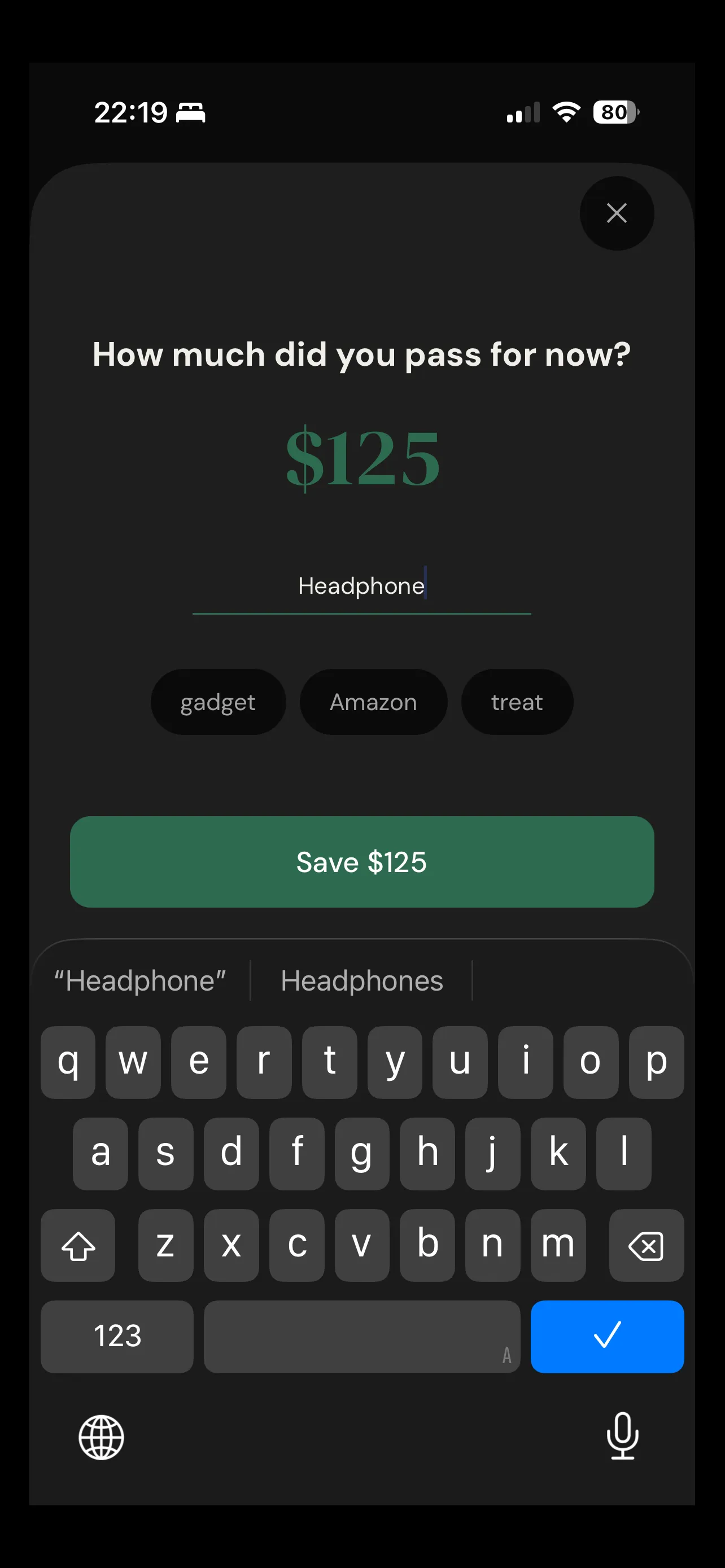 Pass For Now save logging flow with amount, item name, and category tags